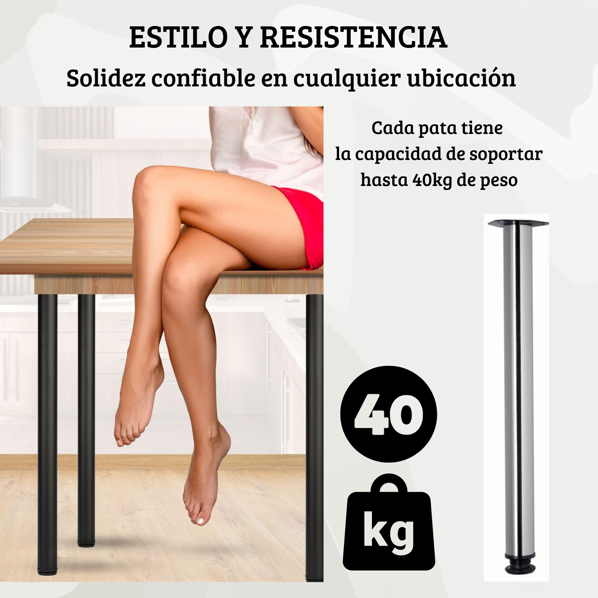 Renueva Tu Mesa Con Estilo: Pack 4 Patas Redondas 60mm, 65-87 Cm, Regulables, Negro Mate