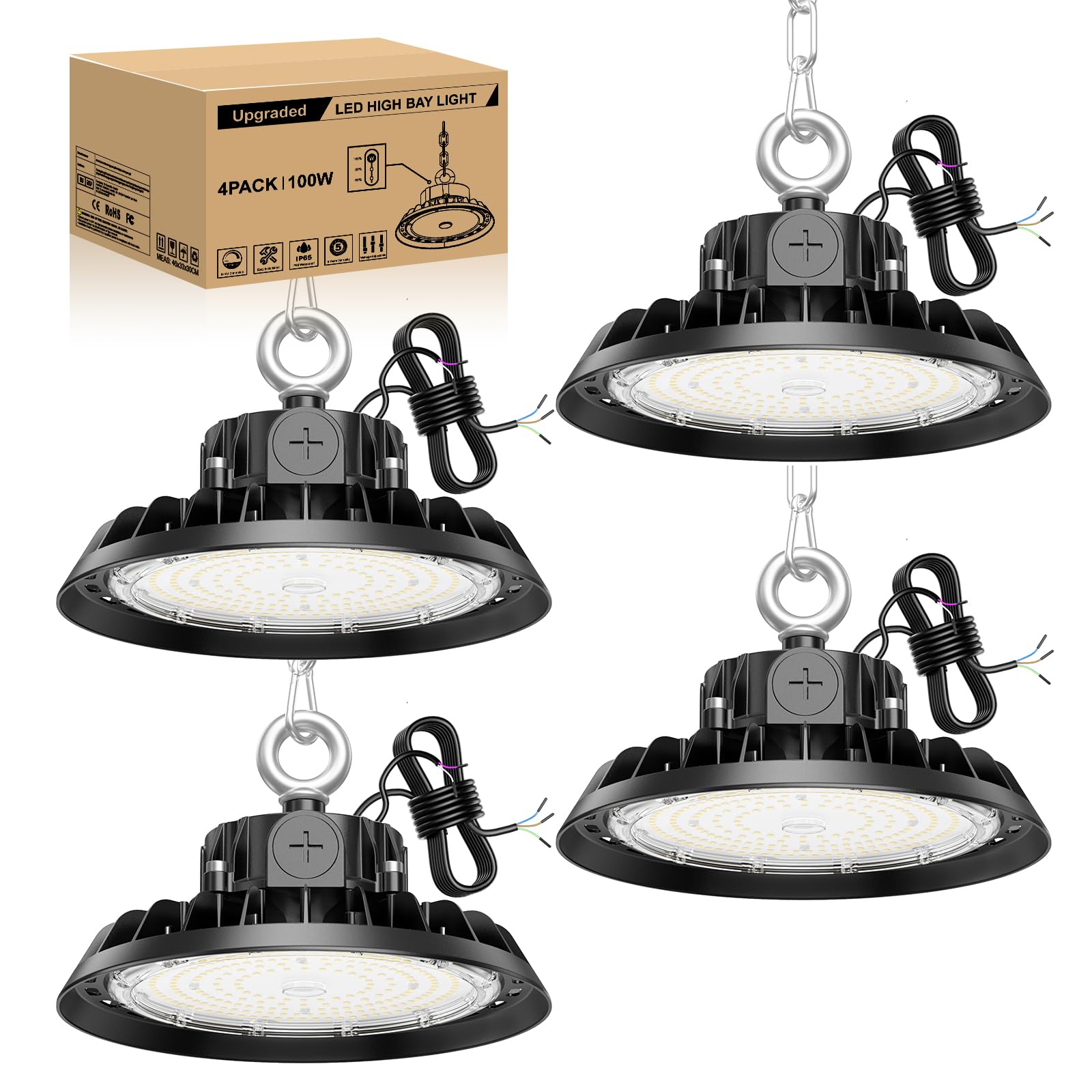 4 paquetes UFO 100W LED High Bay Proyector 4000K Light 17000LM LED Iluminación para taller regulable 60W/80W/100W Iluminación lámpara industrial IP65 impermeable techo 120° para taller almacén
