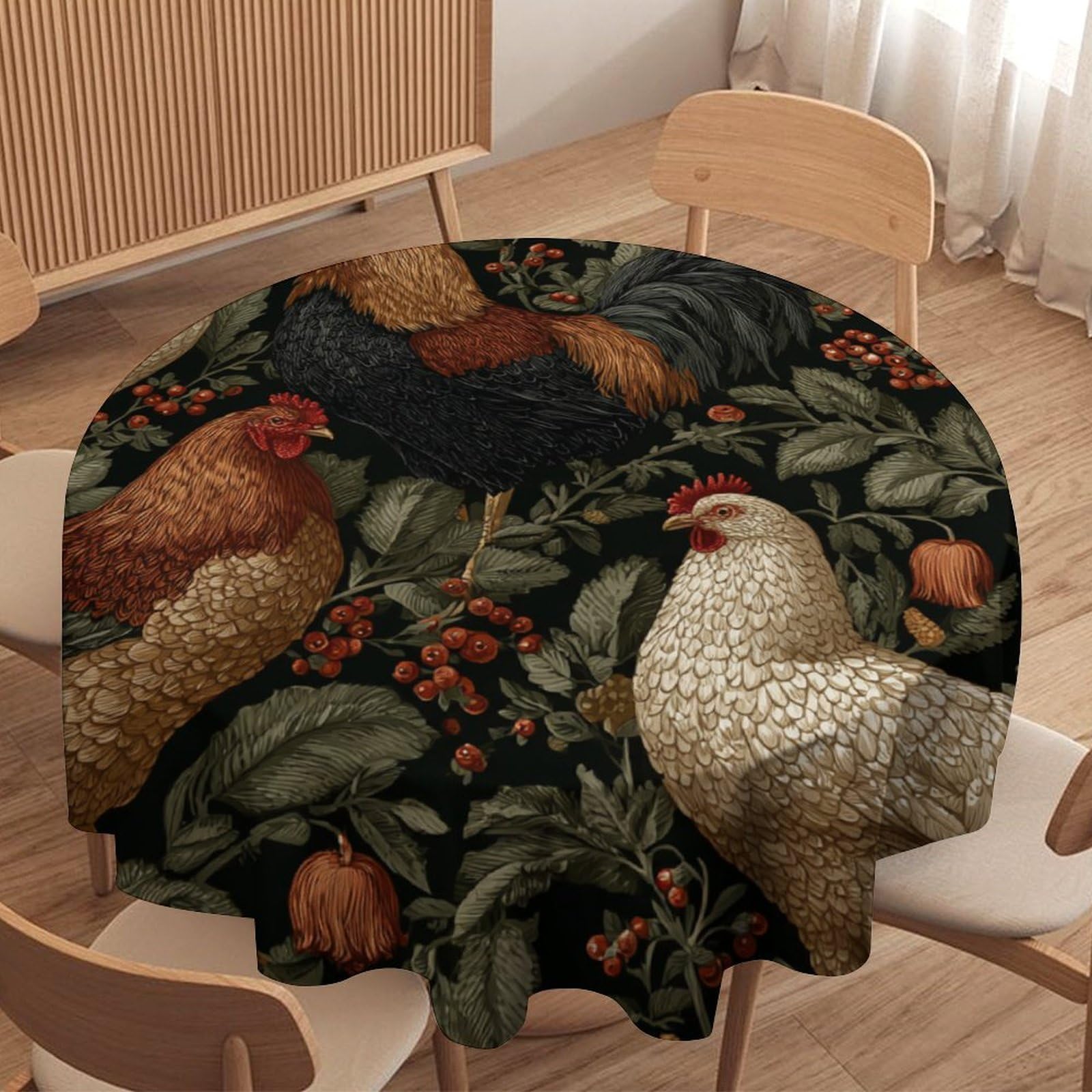 LUYYSKY Modern Classic Roosters Round Tablecloth Mid Century Art Animals Chickens Plants Floral Berries Print Washable Decor for Table Cover for Kitchen-60 Wx60 L