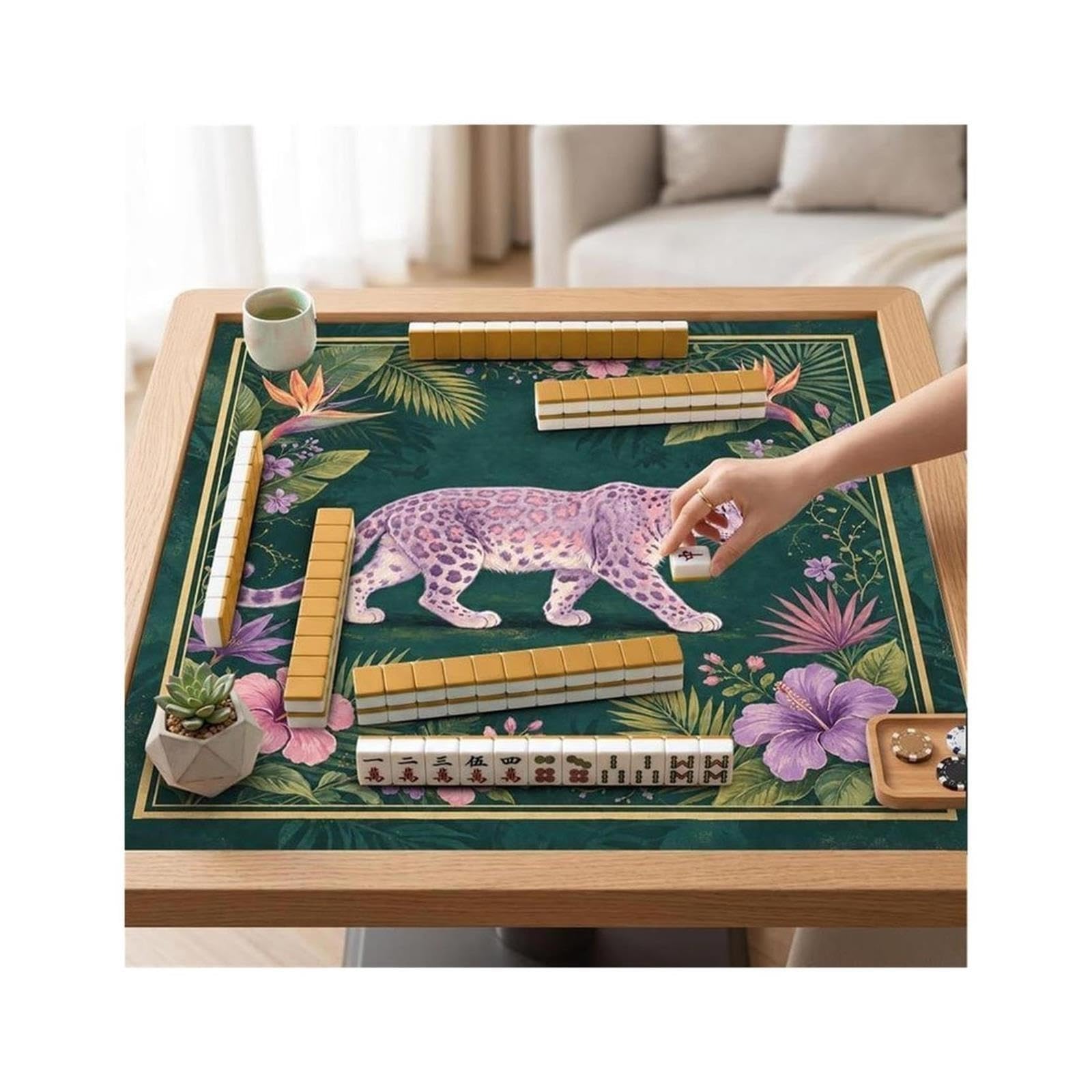 Tappeto Mahjong Tappetino Mahjong leopardo verde scuro viola silenzioso for la casa della giungla vintage(Star Tiger,70x70cm 28inch)