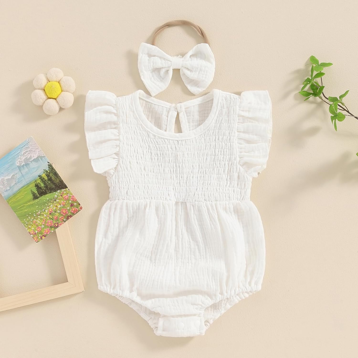 Newborn Baby Girl Clothes Ruffle Sleeve Solid Smocked Bubble Romper Jumpsuit Bow Headband Cute Summer Clothes - Image 2
