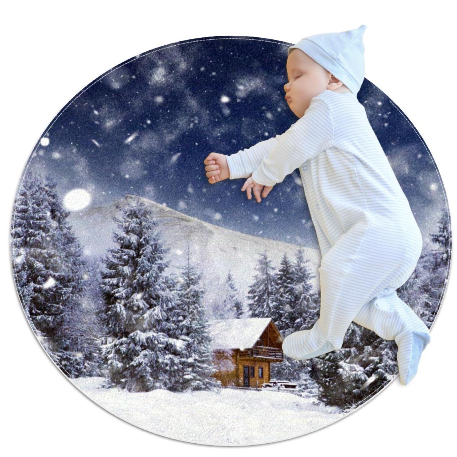 Tapis rond village d'hiver grand tapis de salon chambre 100cm