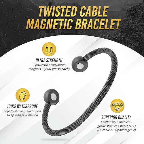 Miniatura 3 de MagnetRX Brazalete magnético - Brazalete magnético de acero inoxidable con cable trenzado - Elegante pulsera de golf para hombres y mujeres Gunmetal
