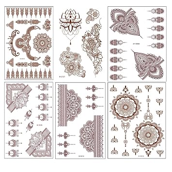 Leadigol Brown Henna Temporary Tattoo Stickers for Women Girls Fake Tattoo Lace Floral Totem Tattoo Body Art Stickers Waterproof Removable Fake Tattoos