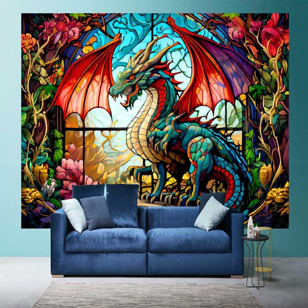 Ine Ive Fantasy Dragon Tapestry Stained Glass Window Tapestry Large Size 100x90Inches Forest Plant Floral Medieval Animals Dragon Wall Decor for Bedroom Dorm Home
