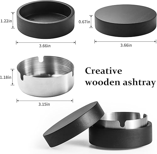 Miniatura 3 de Cenicero lindo para cigarrillos con tapa DDAJJAJ Cenicero de madera con acero inoxidable, cenicero portátil decorativo, cenicero resistente al