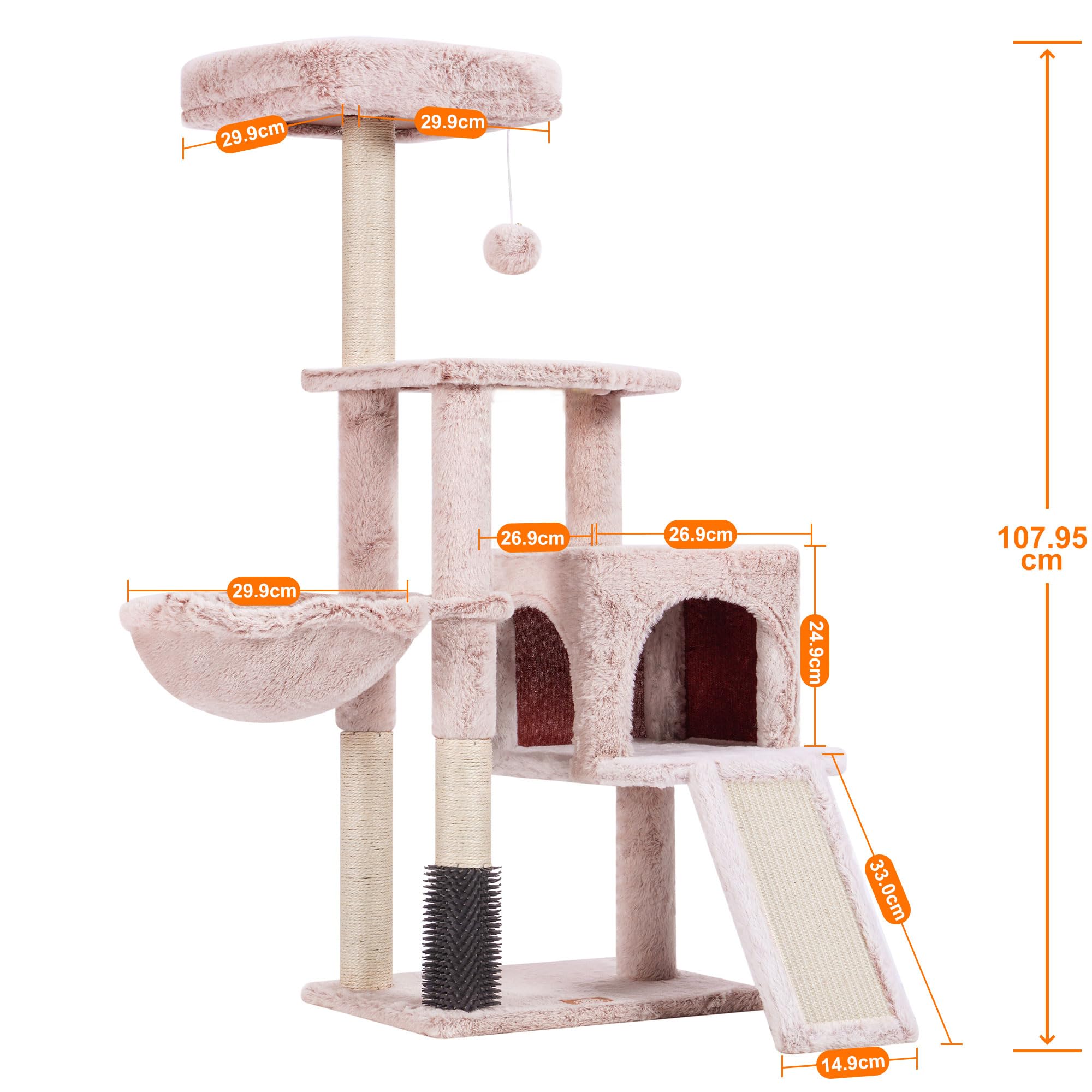 Heybly Albero Per Gatti, Il Pennello di Autocurazione, l'Albero per Gatto Domestici, con Peluche Lisce, Poltrona di Riposo, Nido per Gatti e Paletti per Graffiare, Beige Marrone HCT005SMU