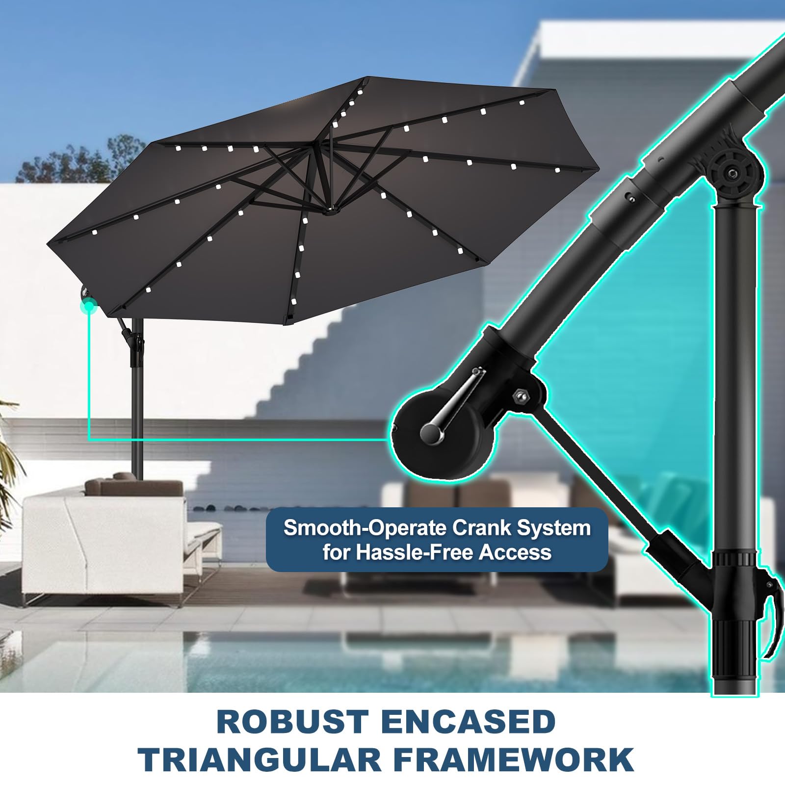 Ampelschirm 300-350cm – 360° drehbarer Kurbelschirm mit UV40+ & wasserabweisend, wahlweise mit oder ohne Solar-LED, inklusive Kreuzbasis für Garten & Terrasse