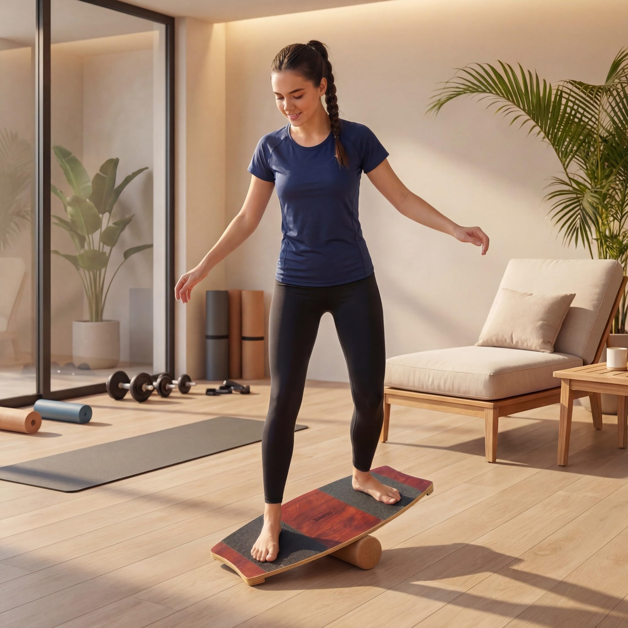 KOMFOTTEU Balance Board, Tavoletta Propriocettiva Antiscivolo con Rullo | Tavola di Equilibrio in Legno con Stopper per Surf, Fitness, Riabilitazione, Bambino e Adulto