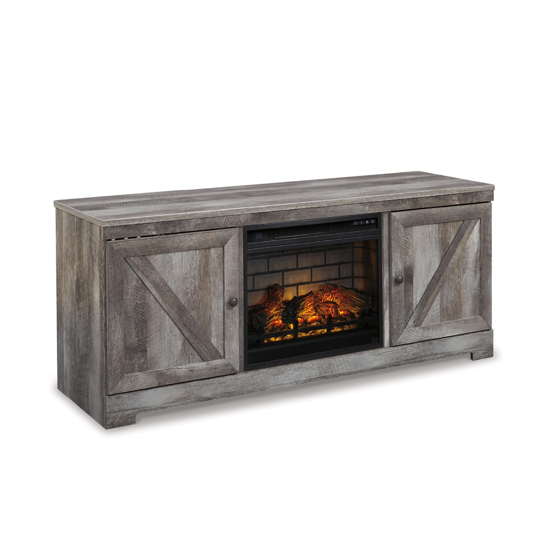Photo 1 of **2 boxes. Minor damage to corner. Hole puncture on the back. **Signature Design by Ashley Wynnlow Rustic 63" TV Stand for TVs up to 72" with Electric Fireplace and Timer Function, Gray