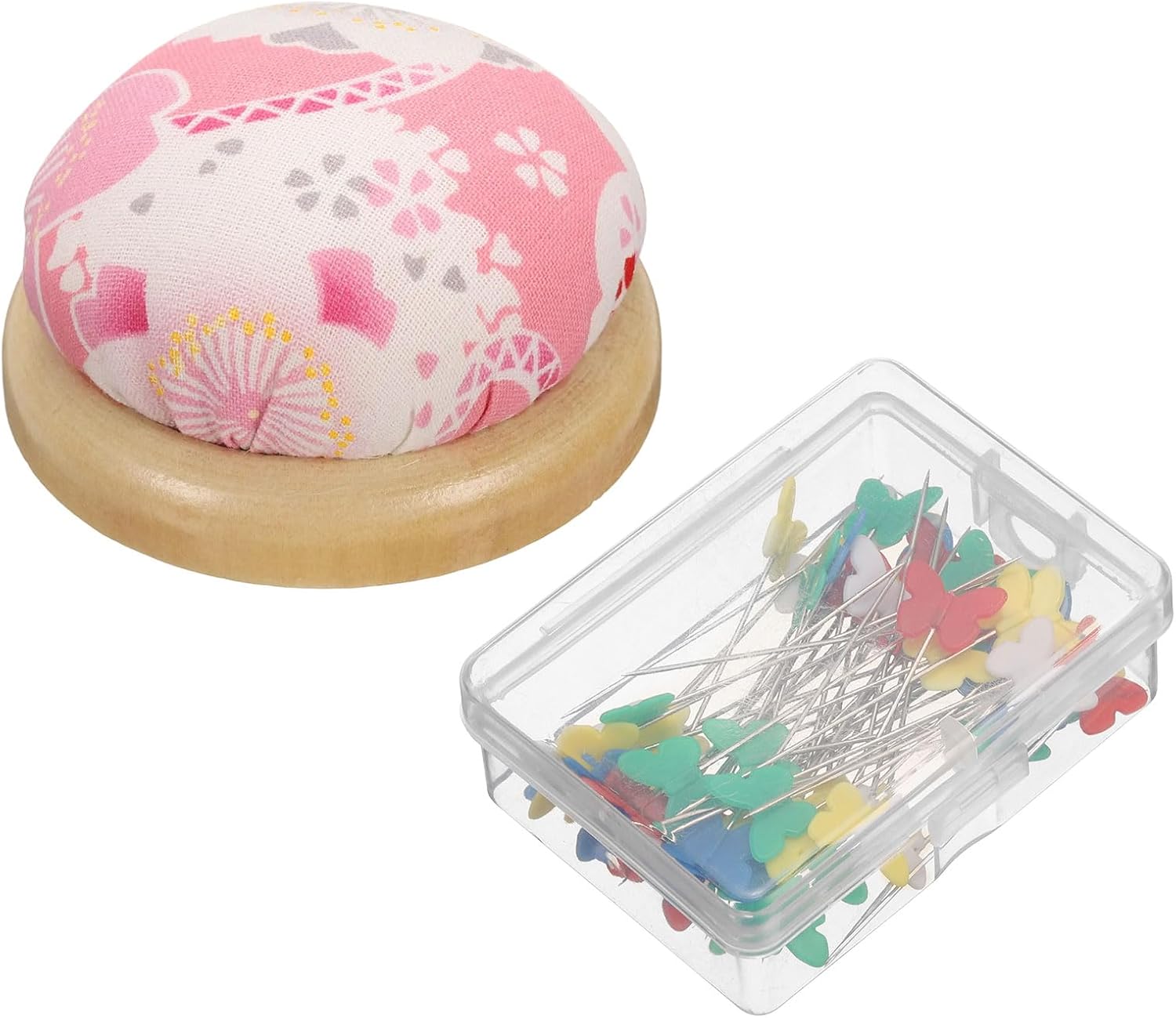 HARFINGTON Pin Cushion Wooden Base with 50 Pieces Sewing Pins Set Japanese Style Round Pincushion Needle Holder for Sewing Quilting Needlework DIY Crafts, Pink Floral Style