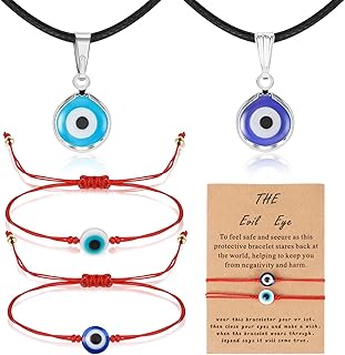 Yaomiao イーブルアイネックレス イーブルアイブレスレットセット 2ピース お守り ラッキーブレスレット カード付き イーブルアイペンダントネックレス 2ピース トルコブルーネックレス レディース メンズ ガールズ ボーイズ (エレガントスタイル)