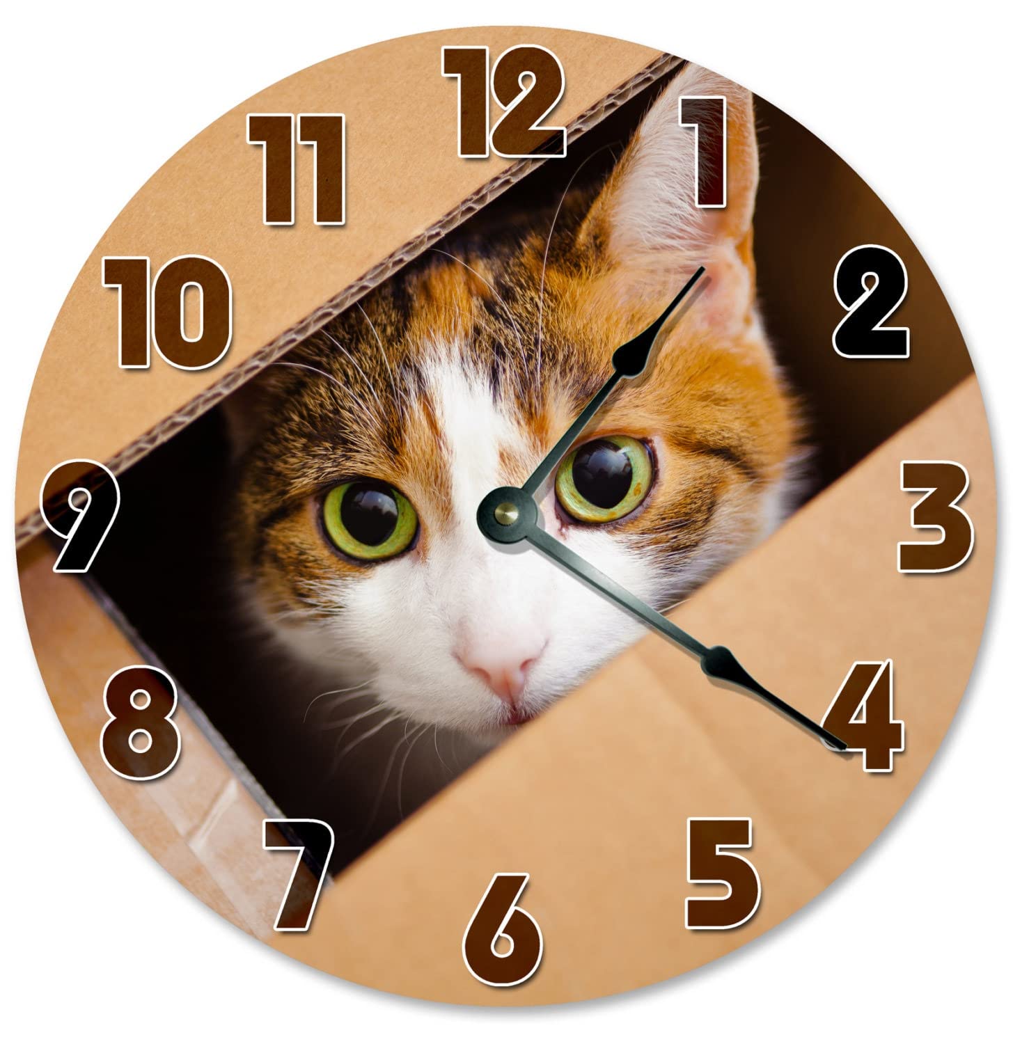 Horloge murale en bois chat dans une boîte ronde 38 cm pour cuisine