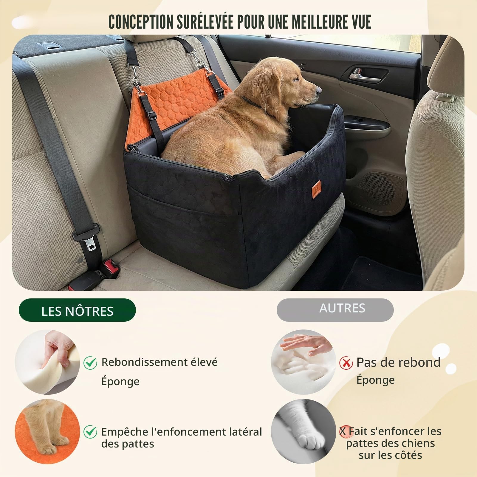 Siège Auto Grand Chien,Rehausseur Amovible et Lavable avec Housse en Cuir Imperméable, pour Chiens de Moyenne et Grande Taille Laisse Incluse, Panier Chien Voiture Plus Lourds78x55x53CM(Brunâtre Noir
