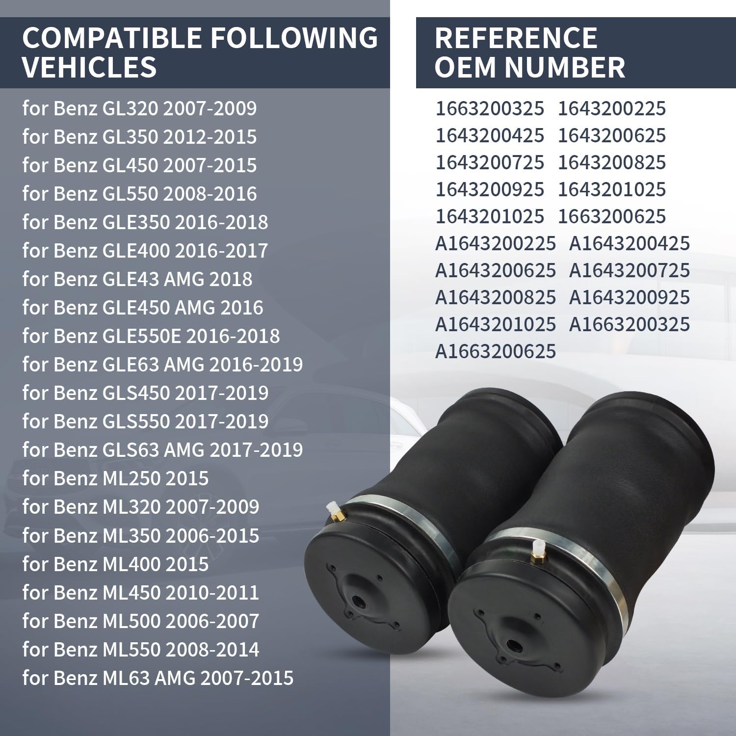 1663200325 Rear Air Ride Suspension Spring Bag Fits for Mercedes Benz 2005-2015 W164 X164 X166 W166 GL-Class GL320 GL350 GL450 GL550 ML-CLASS ML320 ML350 ML450 ML500 ML550 ML63 AMG, Rear Air Bags 2PC