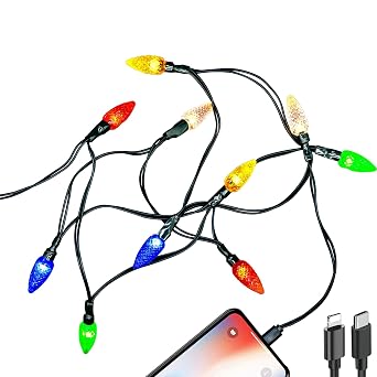 كابل شحن هاتف MACLARONX 2 Pack Christmas Light USB-C إلى Light-ning Charger Cord 4.5 FT/10 LED كابلات لمبة احتفالية متوافقة مع الهاتف/i 6-12/13/14 Pro/Max/Plus/XS/XR TypeC إلى البرق