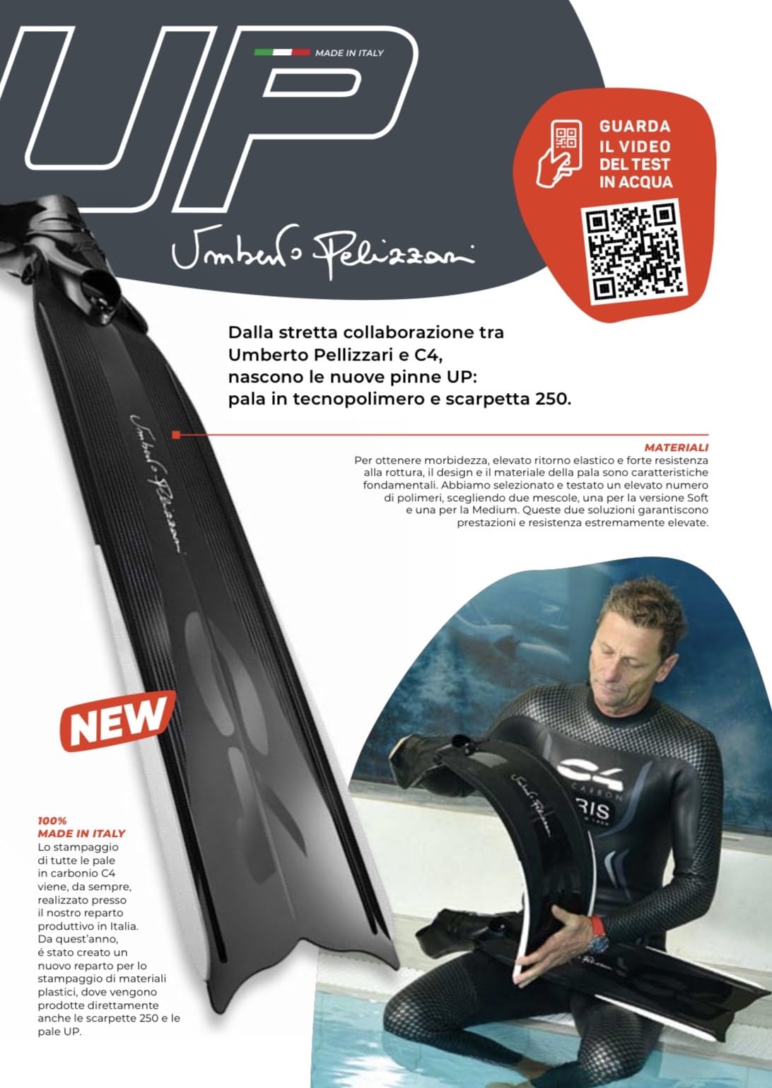 Pinne Umberto Pelizzari C4 – Pala Soft e Pala Medium in Tecnopolimero con Scarpetta 250 Apnea Pesca Subacquea