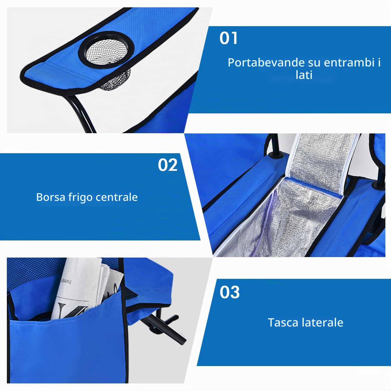 KOMFOTTEU Sedia Pieghevole da Campeggio Doppia, 2 Sedie da Esterno con Tettuccio Parasole Regolabile, Borsa Frigo e Portabevande (Blu)