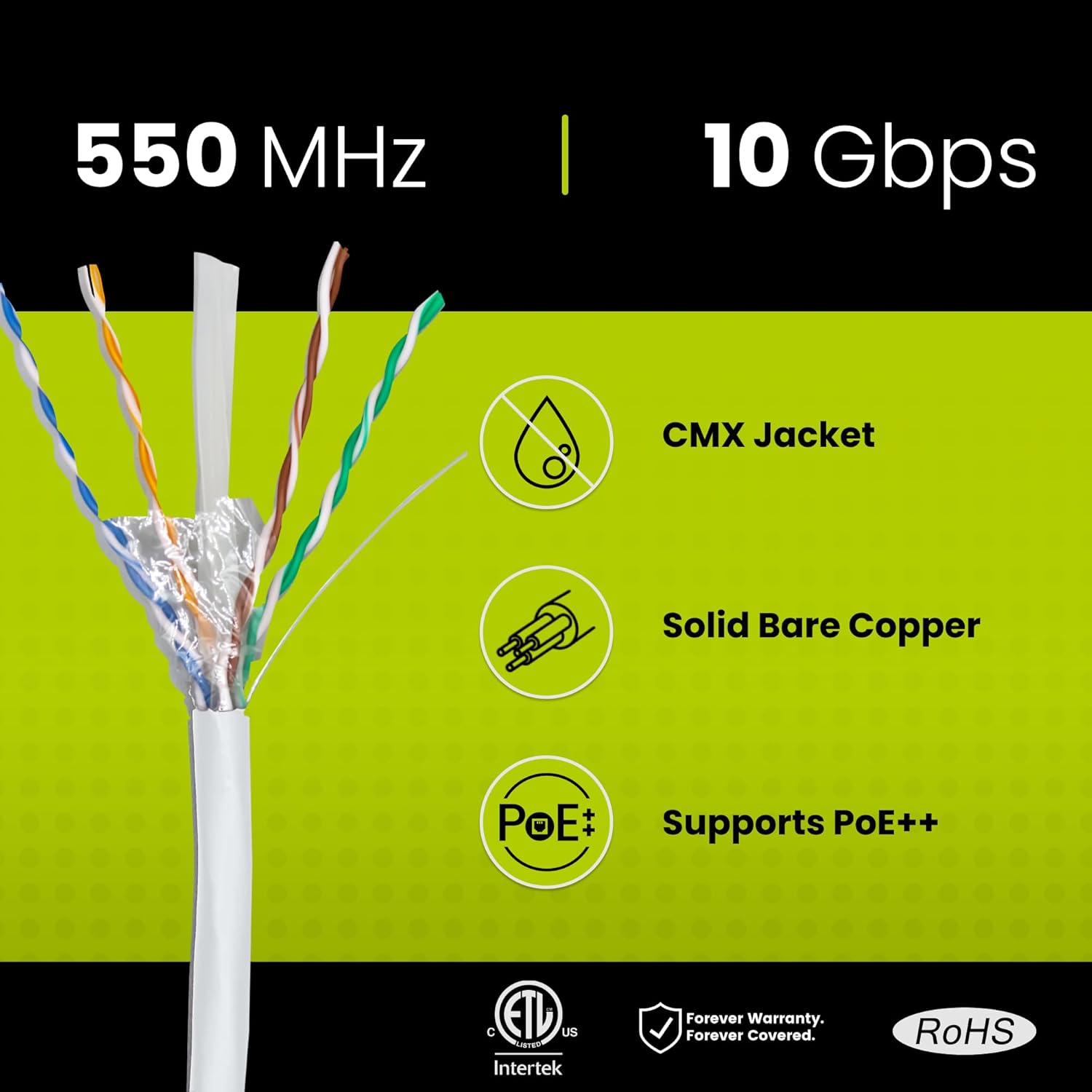trueCABLE Cat6 Outdoor, Unshielded UTP, 1000ft, UV Resistant, CMX Rated, White, 23AWG Solid Bare Copper, 550MHz, PoE++ (4PPoE), ETL Listed, Bulk Ethernet Cable