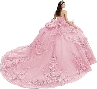Strapless Tulle Quinceanera Dresses with Bow Tiered Tulle Sweet 16 Dress Layered Beaded Vestidos de Quinceañeras