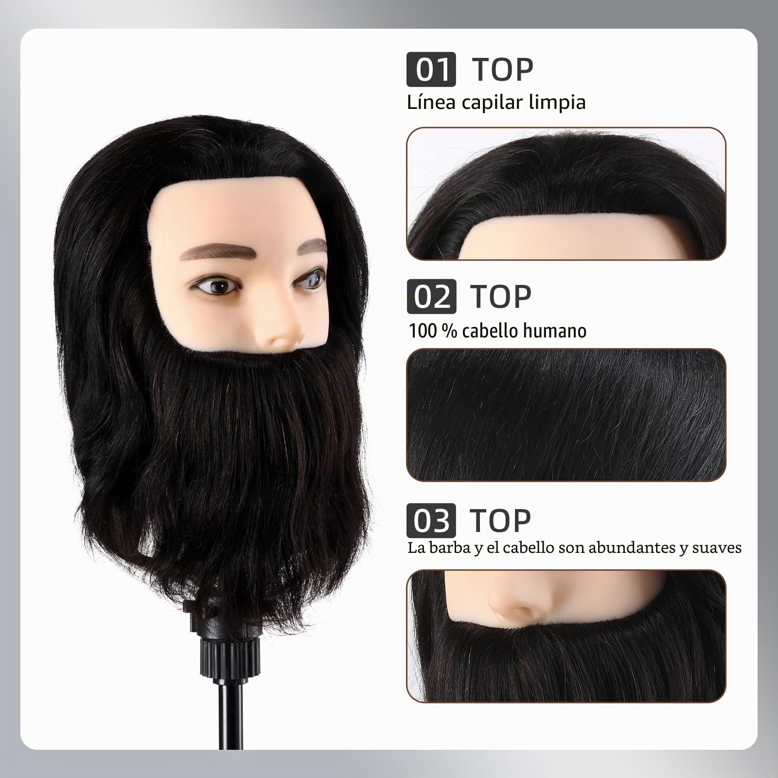 Cabeza de peluquería para hombre con soporte 100% cabello humano cabeza de entrenamiento maniquí para estudio profesional en la Cosmetología con soporte