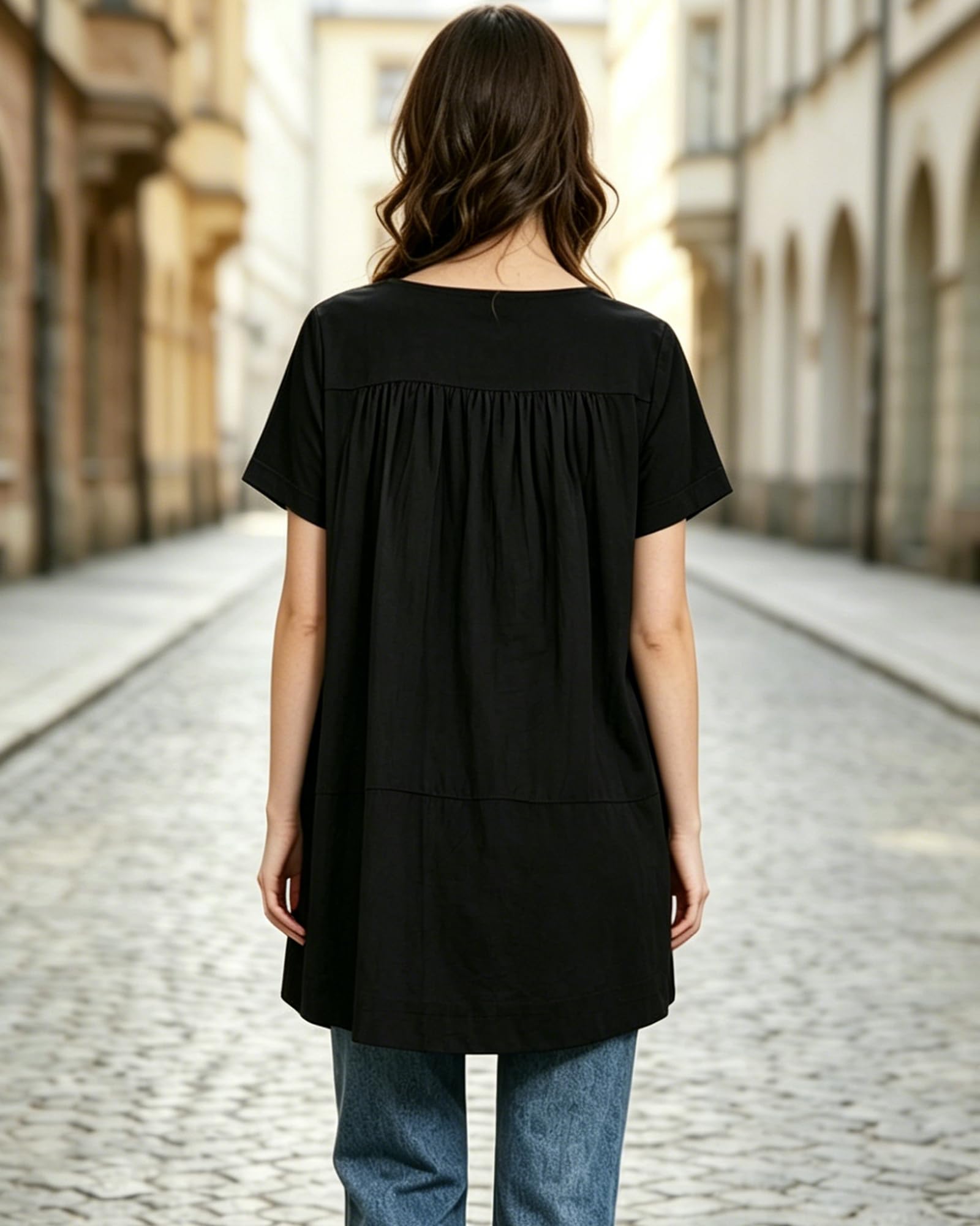 FTCayanz Damen Leinen Tunika Kurzarm Rundhals Sommer Bluse