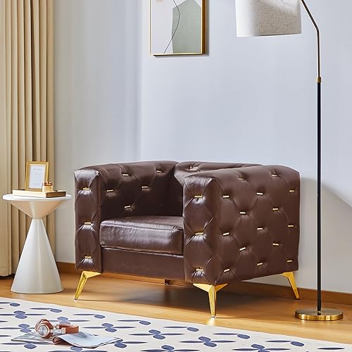 Miniatura 7 de LEVNARY Sillón de cuero, moderno sillón de lectura copetudo con botones y ribete de cabeza de clavo, cómodo sofá Chesterfield tapizado individual