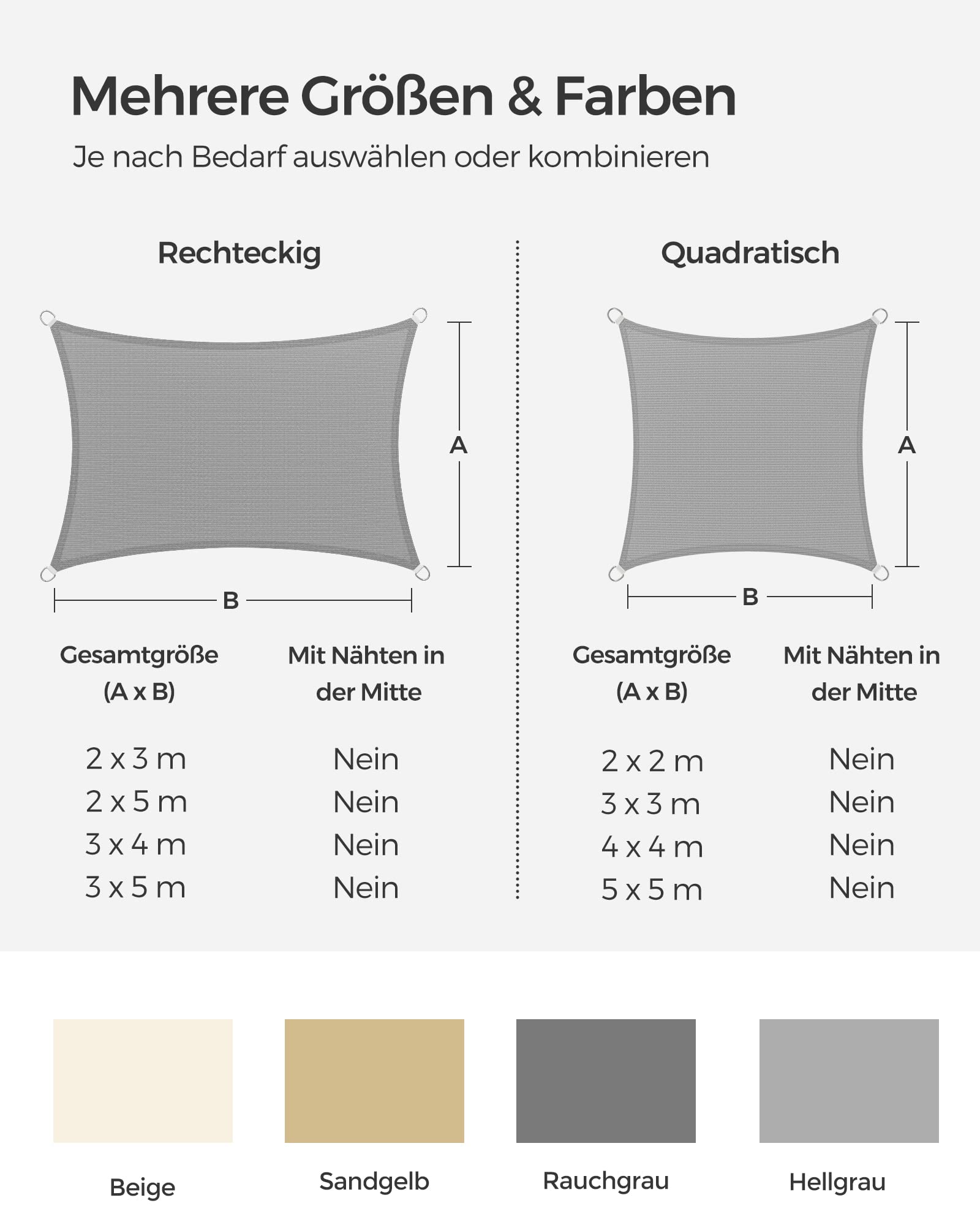 SONGMICS Sonnensegel, 3 x 3 m, HDPE-Stoff, atmungsaktiv, wasserabweisend, für Terrasse, Garten, Balkon, Camping, quadratisch, konkav, 2 m Seile, sandgelb, GSS33EYV1