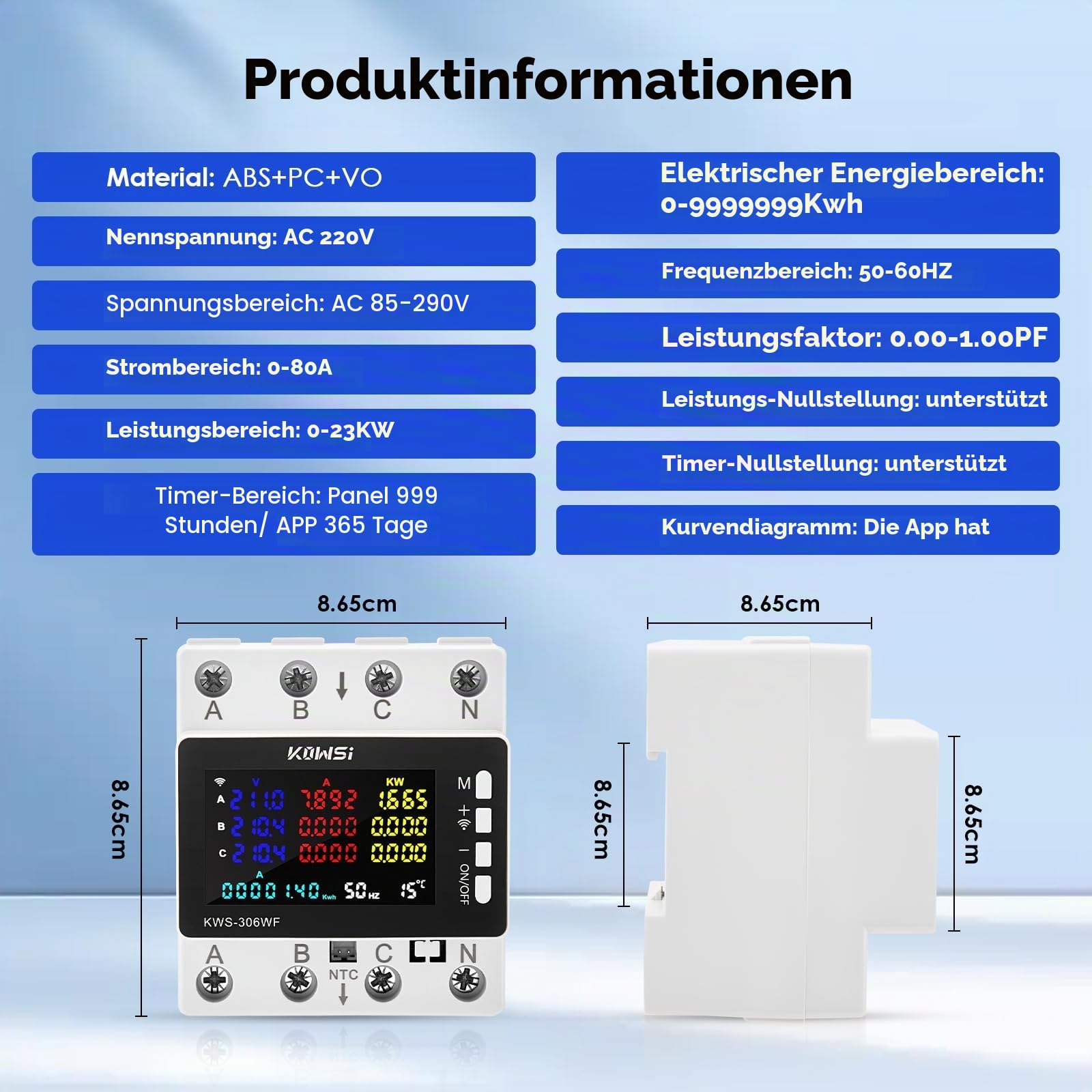 3-Phasen WiFi Stromzähler, 10-in-1 Smart Energy Monitor mit Tuya App, Digitaler kWh Zähler DIN Schiene, 85-290V AC 0-80A, Leistungsmessgerät, Volt Ampere Wattmeter für Haushalt & Industrie