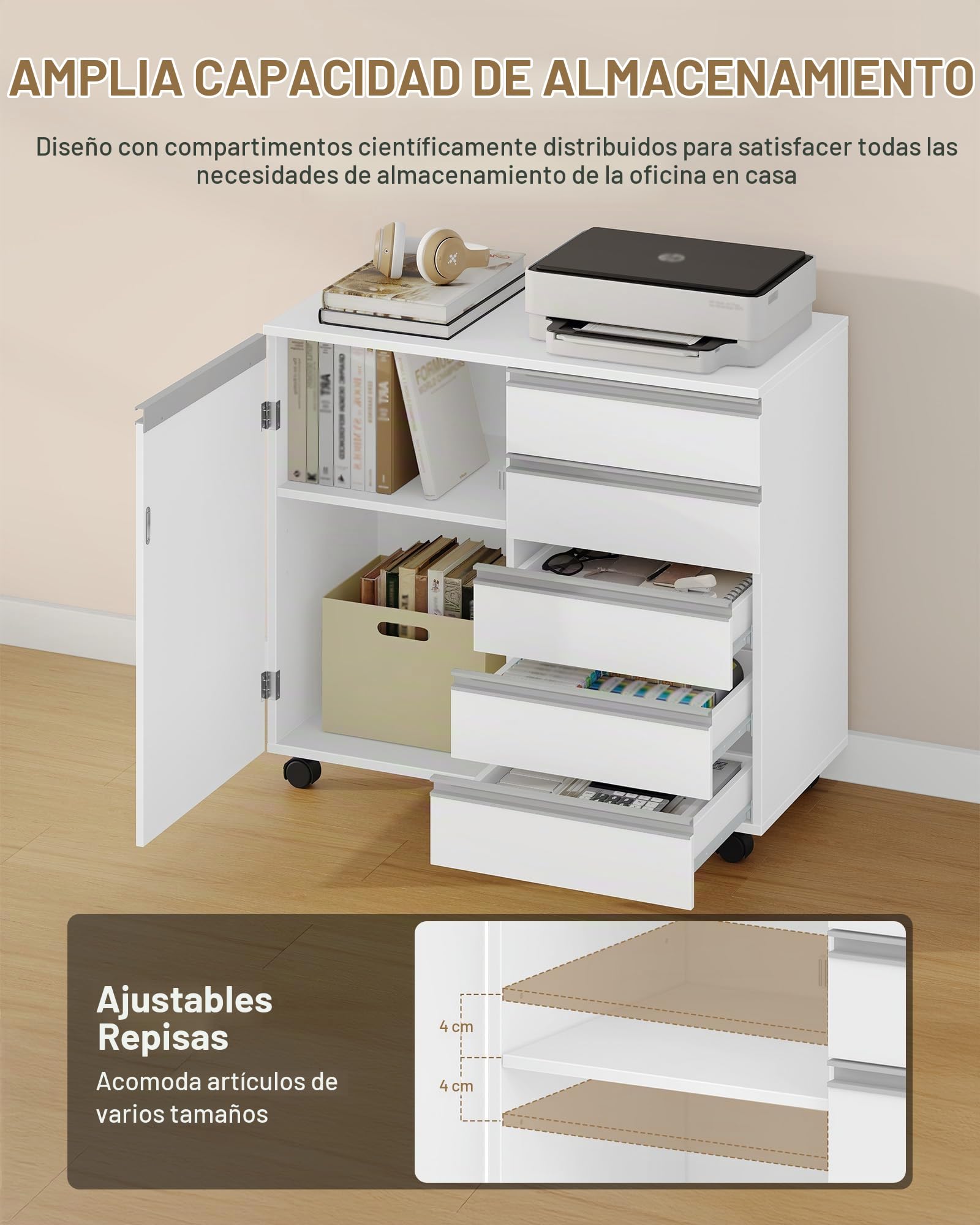 Hzuaneri Cajonera Escritorio con 5 cajones y Puerta de Armario, archivador móvil con Ruedas, Espacio de Almacenamiento para Oficina y Home Office, 40 x 80 x 70 cm, Blanco FC52503X