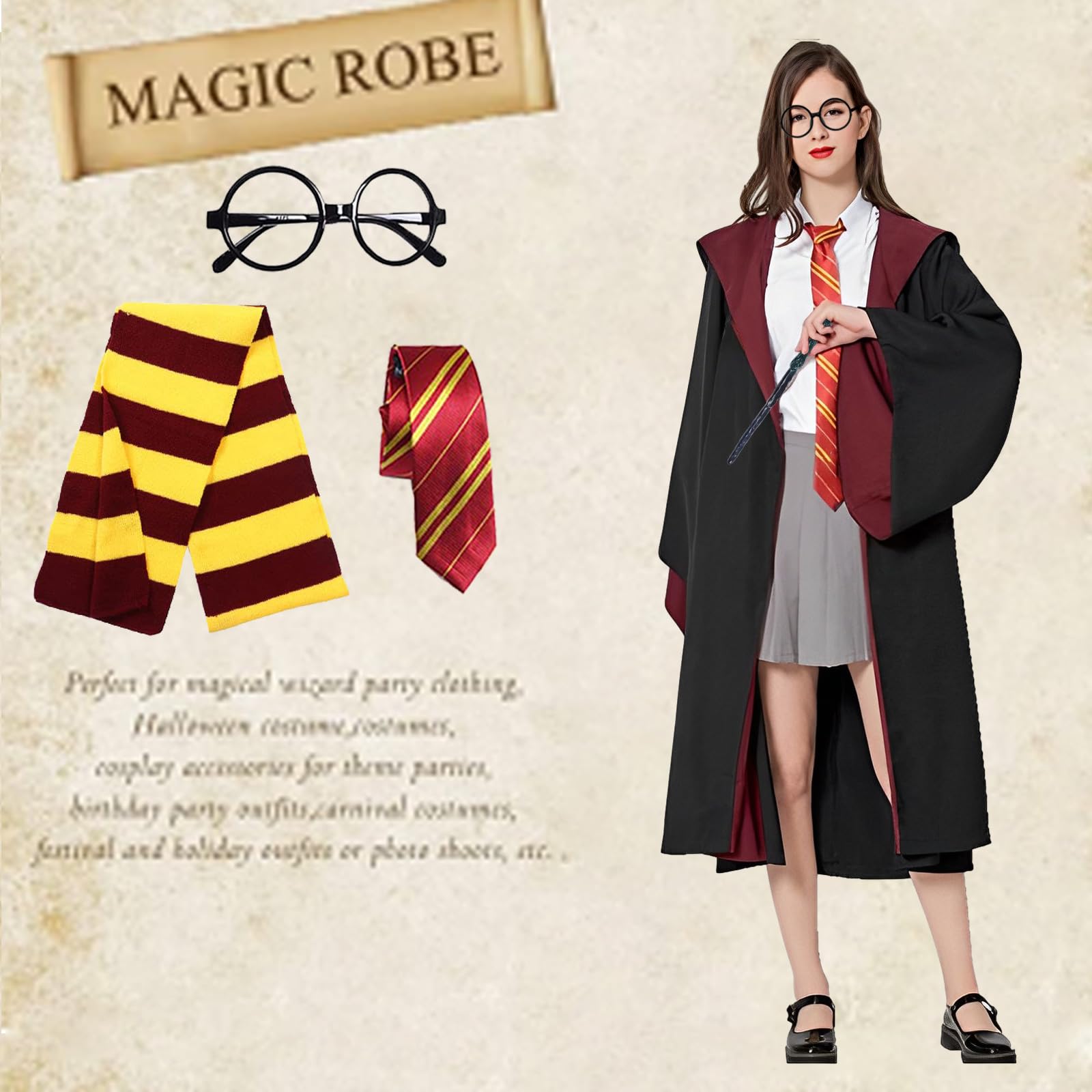 Kitimi Magic Robe, Umhang,4PCS Zauberer Cosplay Kostüm für Erwachsene,with Cape,Magic Wand,Glasses,Scarf,Tie,Halloween Wizard Costume for Cosplay,Carnival,Fancy Dress