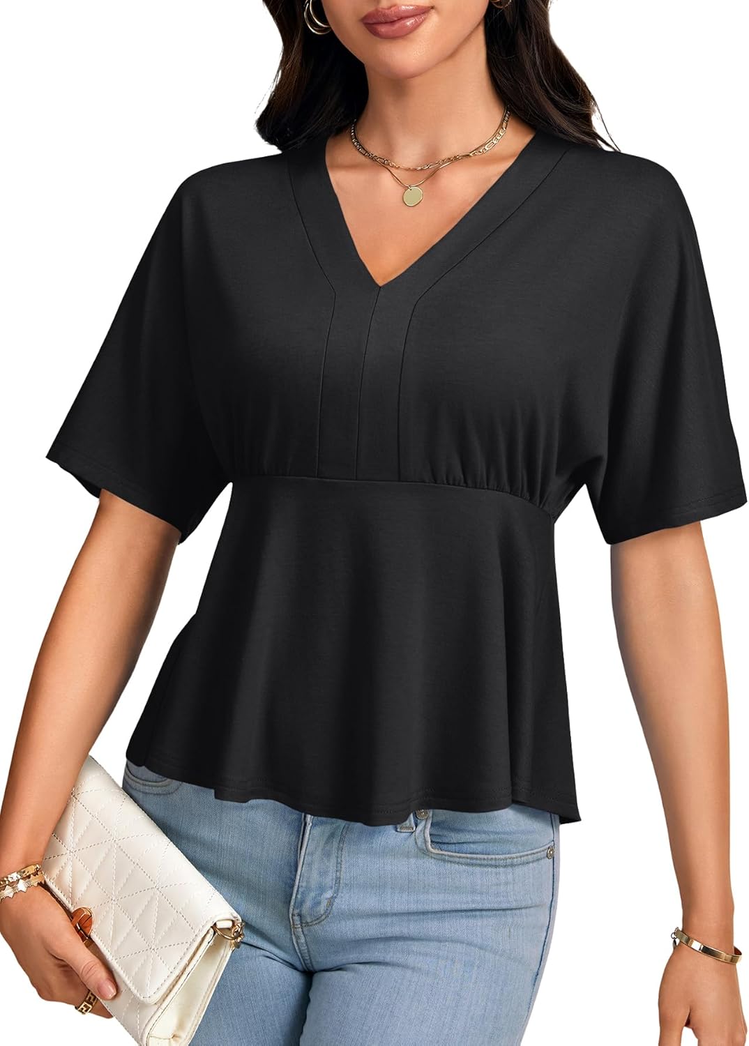 KIFOVEN Women's Ruffle V Neck Short Sleeve Ruched Dressy Casual Tunic Blouse Tops - Image 3