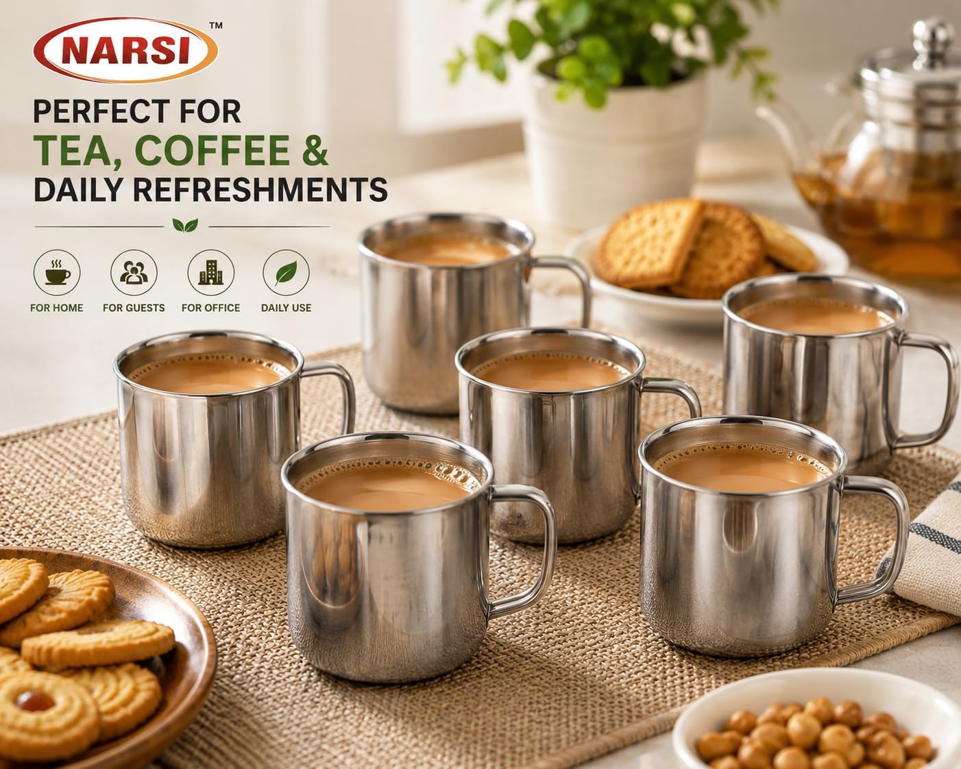 NARSI 6 Piece Stainless Steel Drink Cups Set with Handles, Reusable Metal Tumblers for Water, Tea, Coffee, Milk & Beverages, Rust-Resistant Serveware for Home Office