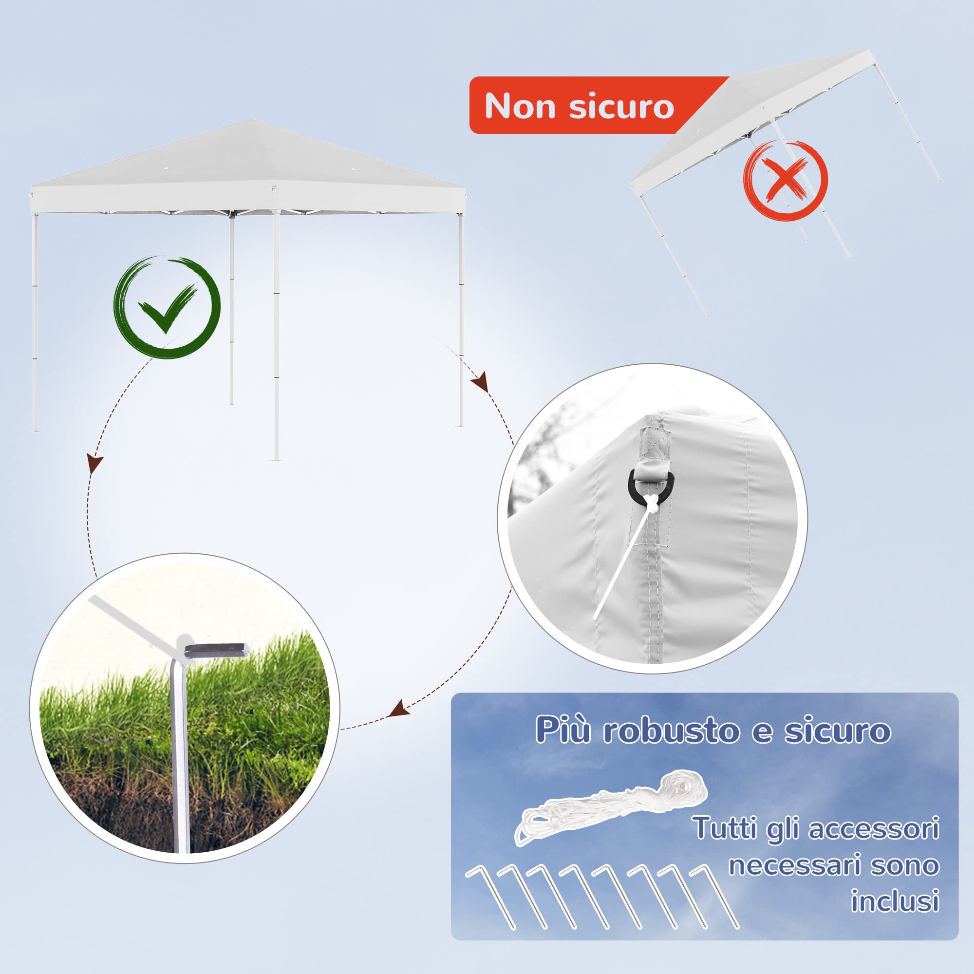 Outsunny Gazebo Pieghevole 2.5x2.5 m Pop Up con Borsa da Trasporto Bianco | 8 Fori di Drenaggio, Gazebo da Esterno, Acciaio e Oxford, Giardino, Feste
