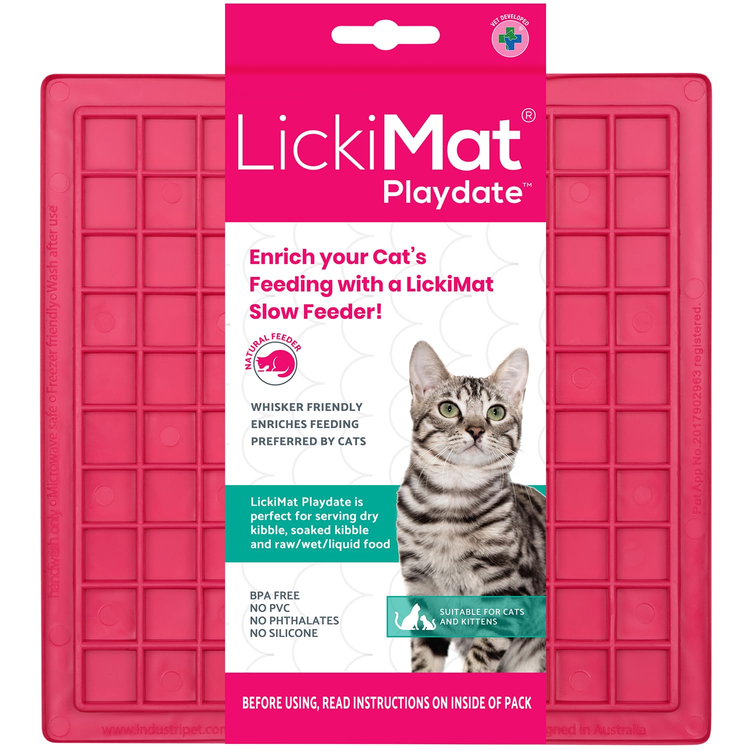 LickiMat Classic Playdate Cat Slow Feeders Lick Mat, Boredom Anxiety Reducer; Perfect for Food, Treats, Yogurt, or Peanut Butter. Fun Alternative to a Slow Feed Cat Bowl or Dish, Pink