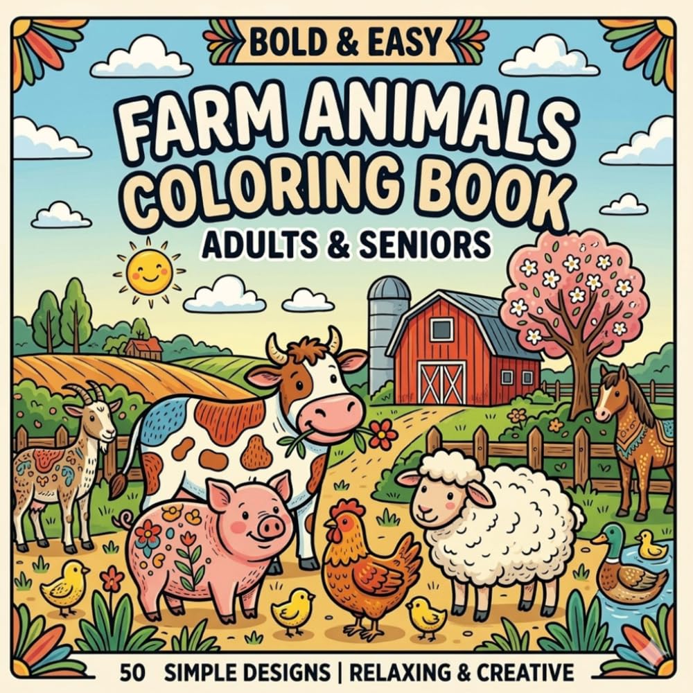 Farm Animals Coloring Book Adults & Seniors: Bold and Easy 50 Simple Designs for Adults and Seniors | Relaxing & Creative | Stress Relief