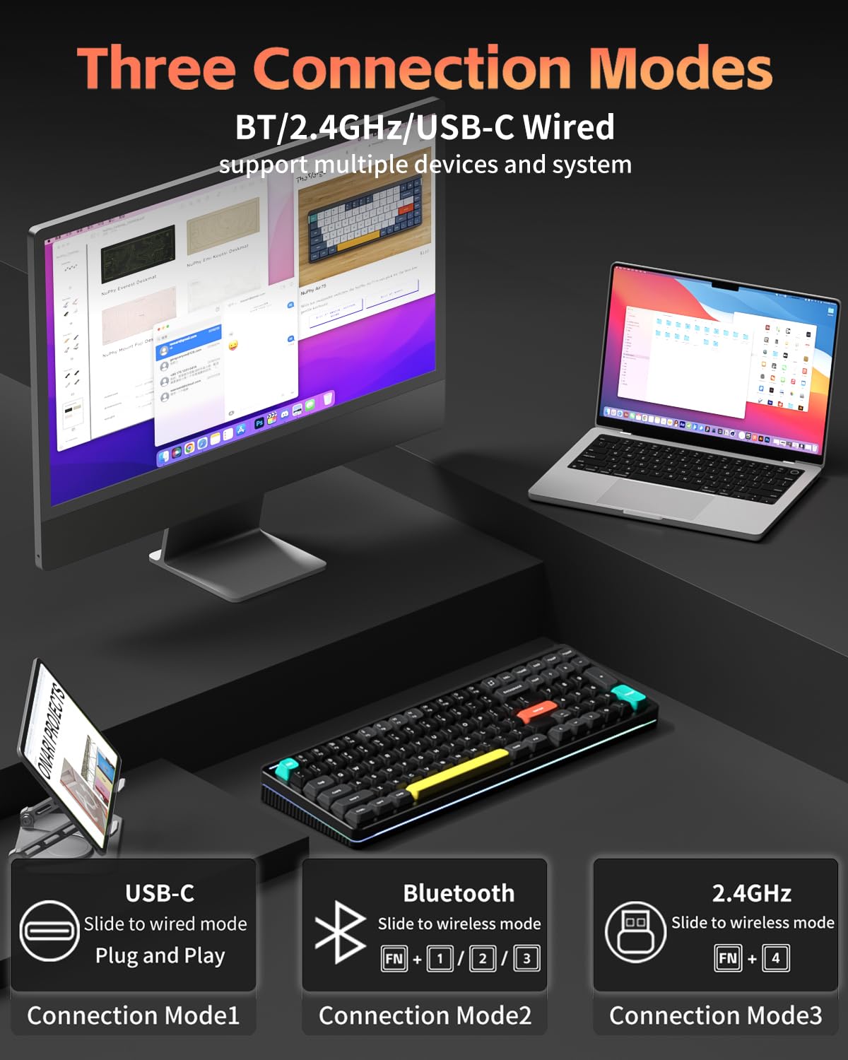 nuphy Halo V2 IO Tastiera meccanica senza fili con cappucci per tasti PBT, tastiera da gioco personalizzata hot-swap, retroilluminazione RGB, BT5.0/USB-C/2,4 GHz