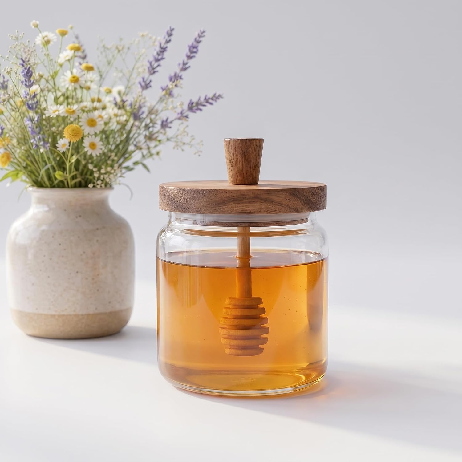 17 oz glass honey jar with wooden dipping spout and lid, sealed honey dispenser, kitchen wide mouthed honey pot, rural glass honey jar with dipping spout stick