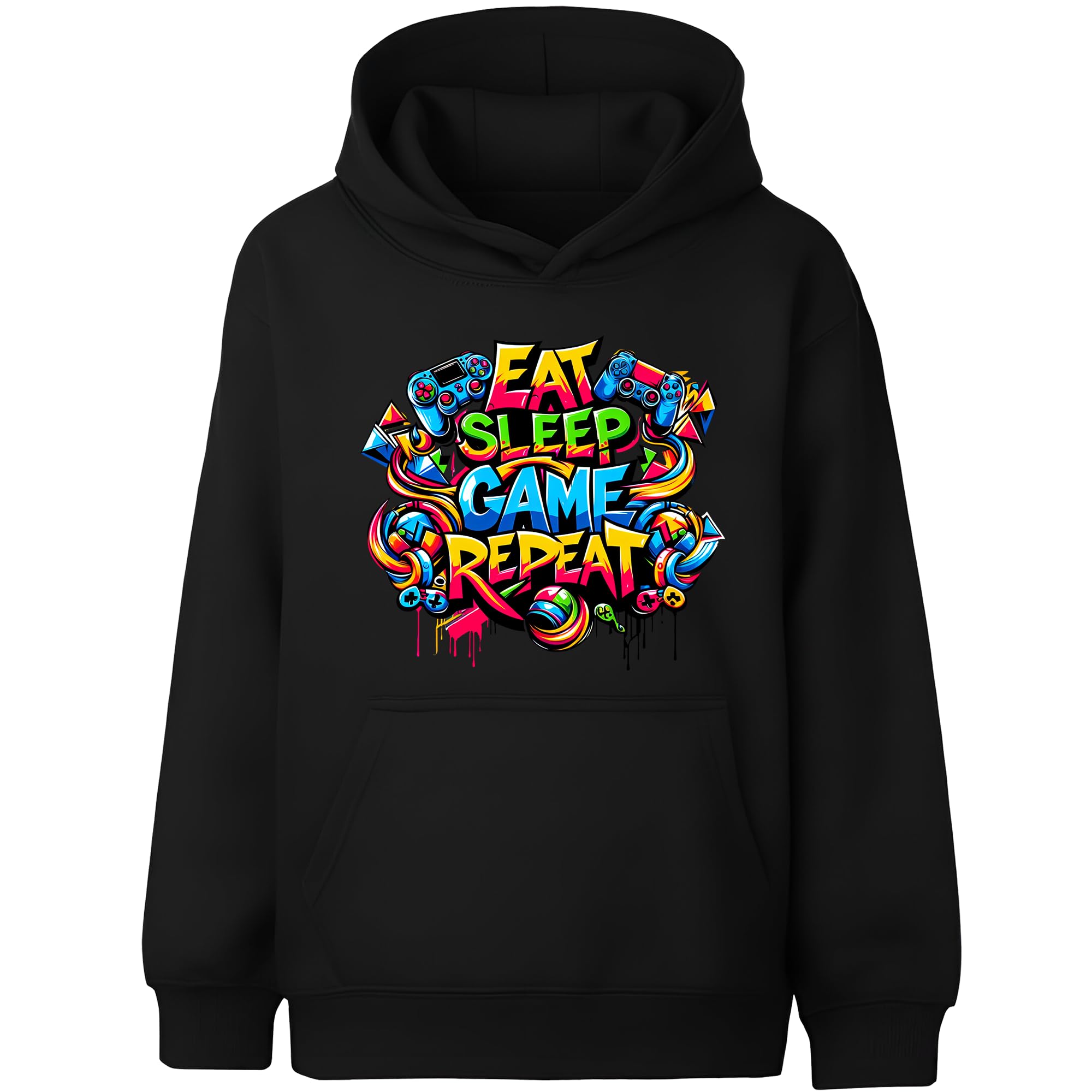 Fringoo Gamer Hoodie Grey for Boys Cotton Rich Soft Hooded Sweatshirt for Boys Gaming Pullover Jumper with Kangaroo Pocket Age 5-13 (UK, Age, 12 Years, 13 Years, Regular, Black - EAT Game)