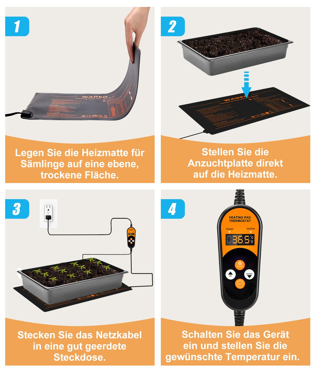 WADEO Heizmatte für Pflanzen 53 x 25 cm, 50 W Sämlinge Heizmatte mit automatische Heizfunktion und Timerfunktion, Nachhaltige Heizleistung, Thermostat einstellbar, für Pflanzen, Keimung, Reptilien