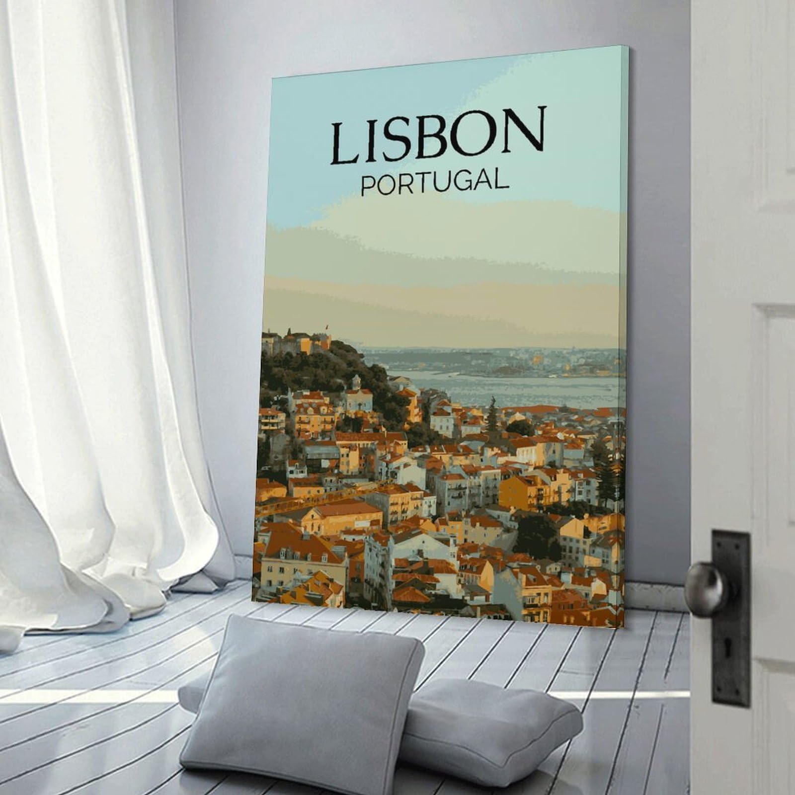 Junmoney Lisbon Travel Decorative Wall Artwork, 20x30inch(50x75cm), for Home Lounge, Bedroom Or Reading Nook, Eye Catching Artwork for Blank Walls