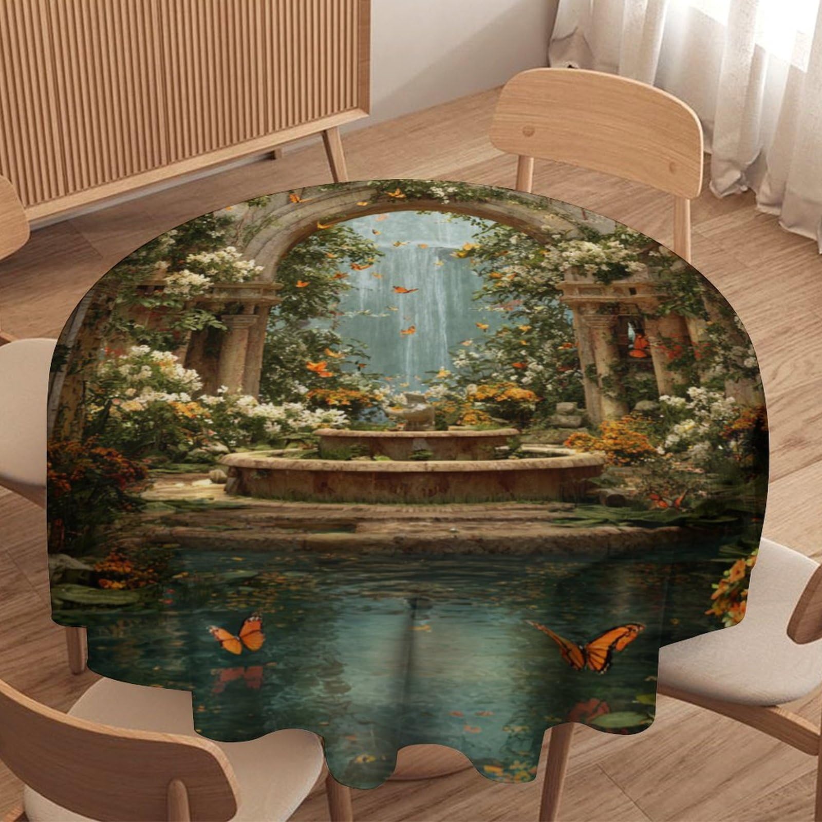 LUYYSKY Funny Realistic Spring Garden Waterproof Round Tablecloth Classic Abstract Antique Fountain Animal Butterflies Floral Print Washable Table Cover for Kitchen-177.8" Wx177.8 L cm