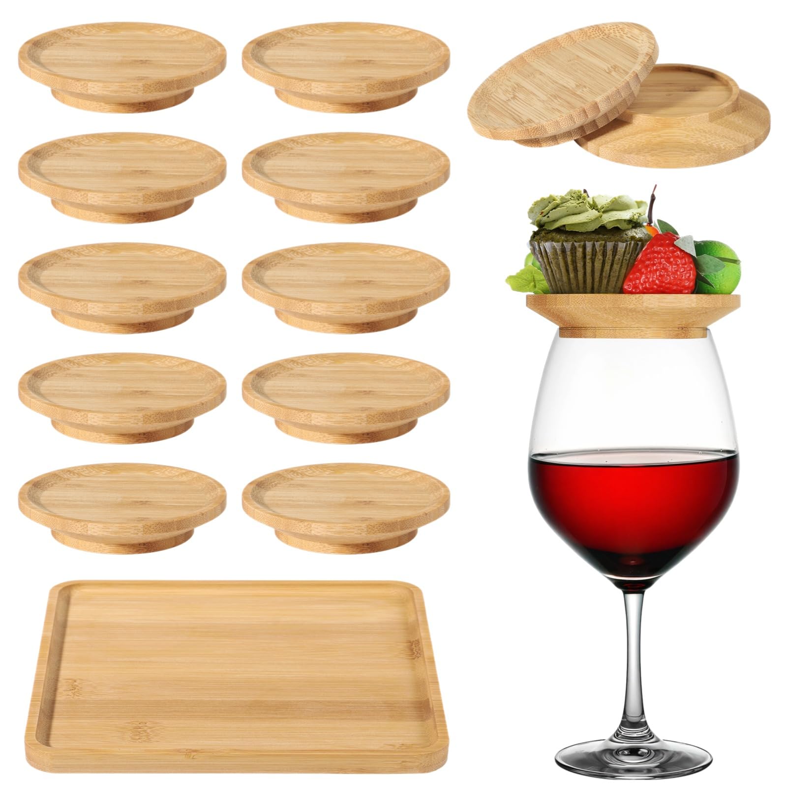 13 Pack Wine Glass Toppers, Wine Glass Charcuterie Topper with Square Serving Tray, Wooden Wine Glass Cover Coaster Plate for Family Gatherings Parties Weddings Restaurants, Dustproof Splashproof