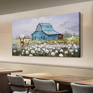 Anolyfi Barn Farmhouse Canvas Wall Art for Living Room, Highland Cow Picture and Country Chic Landscape Farm Painting Turquoise Artwork Framed Bedroom Bathroom Office Hallway Home Decor 40"x20"