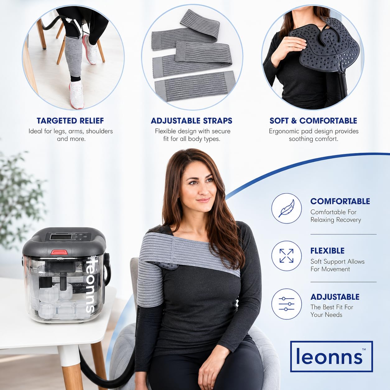 LEONNS Máquina de terapia de frío con almohadilla flexible universal | Sistema de crioterapia de hielo para rodilla, hombro, espalda, cadera y más (máquina + almohadilla universal)