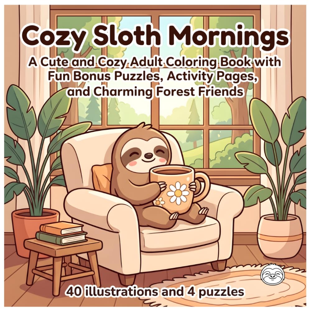 Cozy Sloth Mornings: A Cute and Cozy Adult Coloring Book with Fun Bonus Puzzles, Activity Pages, and Charming Forest Friends