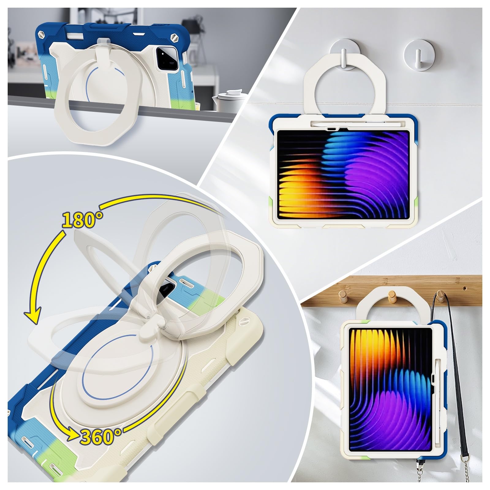Wytrzymały futerał ochronny do Xiaomi Pad 8/8 Pro 11,2" 2026, podstawka obrotowa 360°, pasek na ramię, uchwyt ołówek i pierścień uchwytu, odporna wstrząsy osłona dla dzieci dorosłych(Blue White)