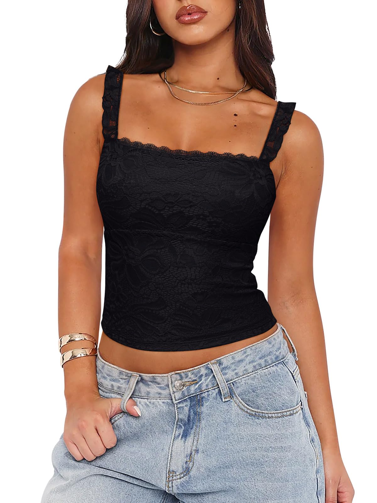 PINKMSTYLE Womens Lace Spaghetti Strap Tank Tops Y2K Going Out Tops Club Outfits