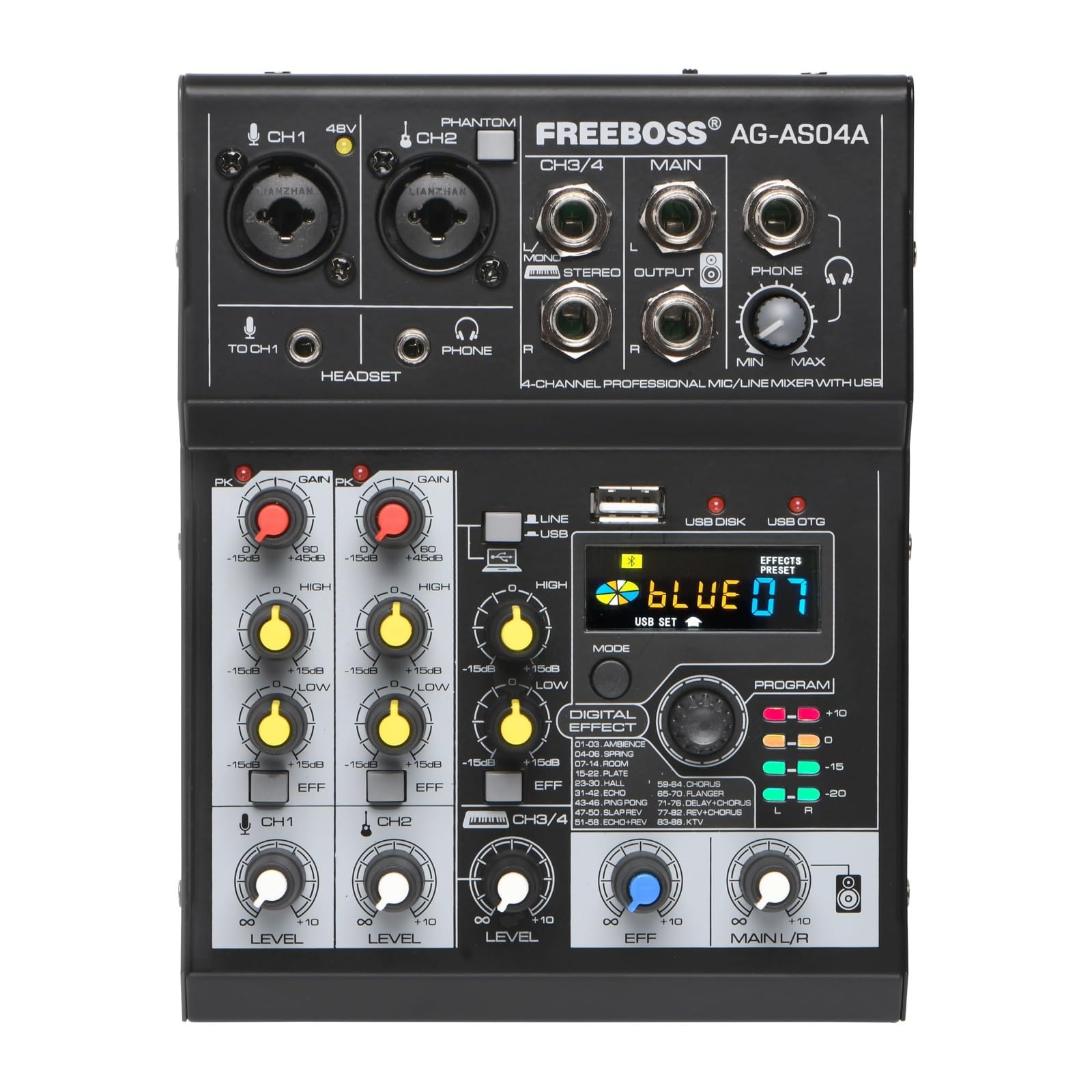 DJ-Mixer, Mischpult e Broadcast 4 Kanal Bluetooth PC USB Wiedergabe Aufnahme 88 DSP Digital Effekt Sound Mixer AG-AS04A