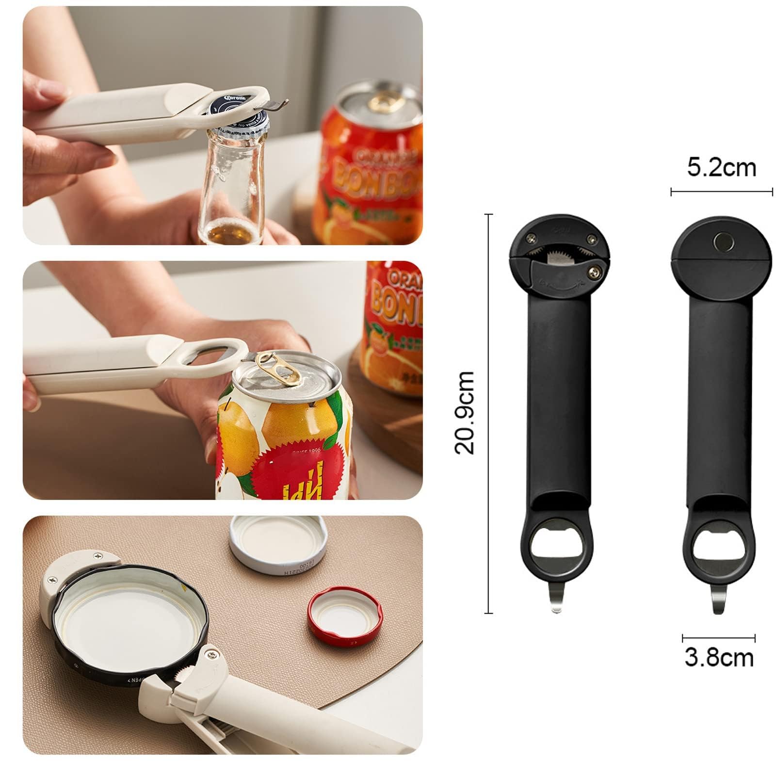 Abridor de botellas retráctil multifuncional, ajustable, multifuncional, con agarre para tapa de tarros, abridor de botellas para manos débiles, artritis de personas mayores (negro)